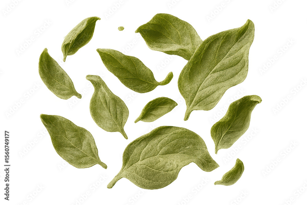 Fototapeta premium Fresh green basil leaves falling, isolated on a transparent background, vibrant