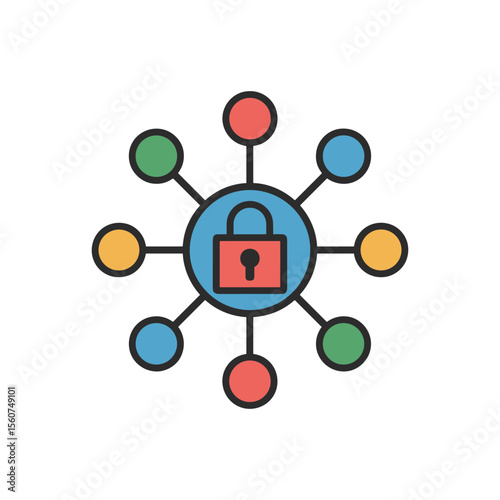 Secure Data Network: A network icon featuring a padlock at its core, with interconnected nodes in an illustrative style. Symbolizing protection and secure information flow.