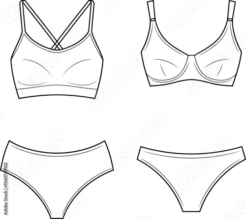 Women's Lingerie Fashion Technical Drawing Collection: Sports Bra, Underwire Bra, Briefs, and Bikini Panties Flat Sketch for Design and Manufacturing, Essential Undergarments
