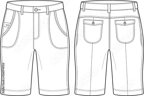 Flat Sketch Technical Drawing of Men's Bermuda Shorts: Casual Summer Apparel for Design and Fashion Industry Portfolios, Vector Illustration, CAD, Digital Art, White Background.