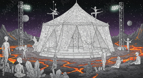 Alien Circus Extraterrestrial Performance Under a Starry Sky