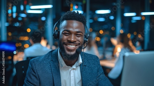 Smiling customer service rep with headset. He's ready to assist you. Professional and friendly support in an office environment.