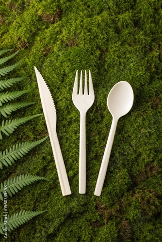 Eco friendly disposable cutlery set arranged on a bed of lush green moss with fern leaves