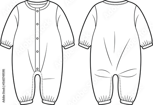 Newborn Baby Romper Flat Sketch for Adobe Stock: Adorable and Comfortable Infant Bodysuit Design, Essential for Baby Apparel Collections, Easy-to-Edit Vector Template.