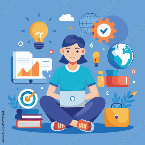 Person working with laptop surrounded by business icons