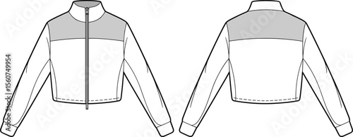 Color Block Cropped Jacket Fashion Flat Sketch, Technical Drawing, Front and Back View, Apparel Template, Sportswear Design, Streetwear