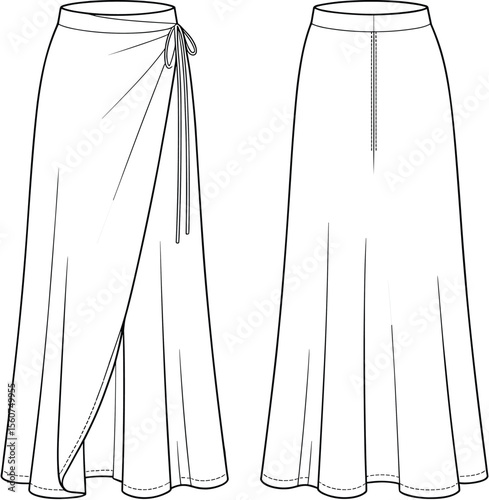 Stylish Women's Fashion: Flat Sketch of a Versatile Wrap Skirt Design with Elegant Flow and Tie Detail, Front and Back Views, Perfect for Technical Drawing, CAD and Apparel Templates