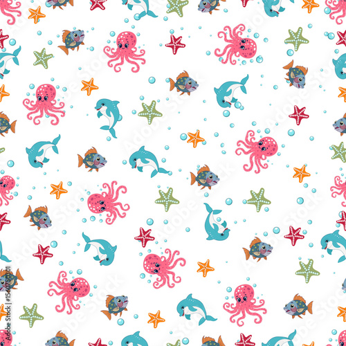 Seamless pattern with cute cartoon sea animals: dolphins, octopuses, fish, starfish, and bubbles. Bright and playful design perfect for kids' products, fabrics, or wrapping paper.