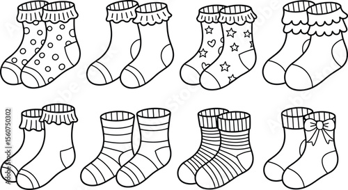 Cute Collection of Outline Kid's Socks: Adorable Pairs for Coloring Books, Playful Designs with Dots, Stripes, Stars, and Ruffles