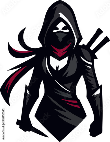 Dark Hooded Female Ninja Assassin with Dual Katana and Dagger - Vector Illustration