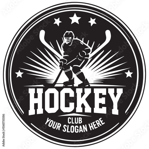 Vintage hockey club emblem with player silhouette and crossed sticks