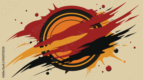 Abstract composition featuring circular shapes and dynamic brushstrokes in vibrant earth tones