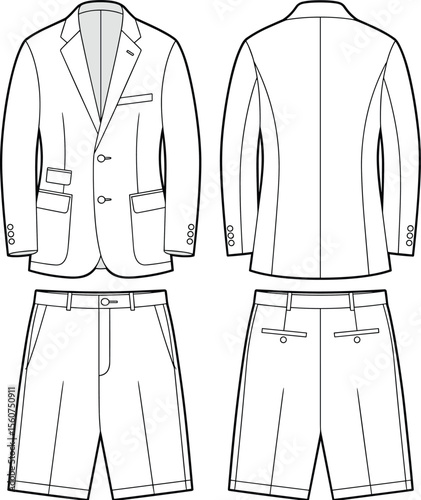 Men's Stylish Summer Suit Set: Classic Blazer and Tailored Shorts for Warm Weather, Front and Back Views, Flat Sketch Apparel.