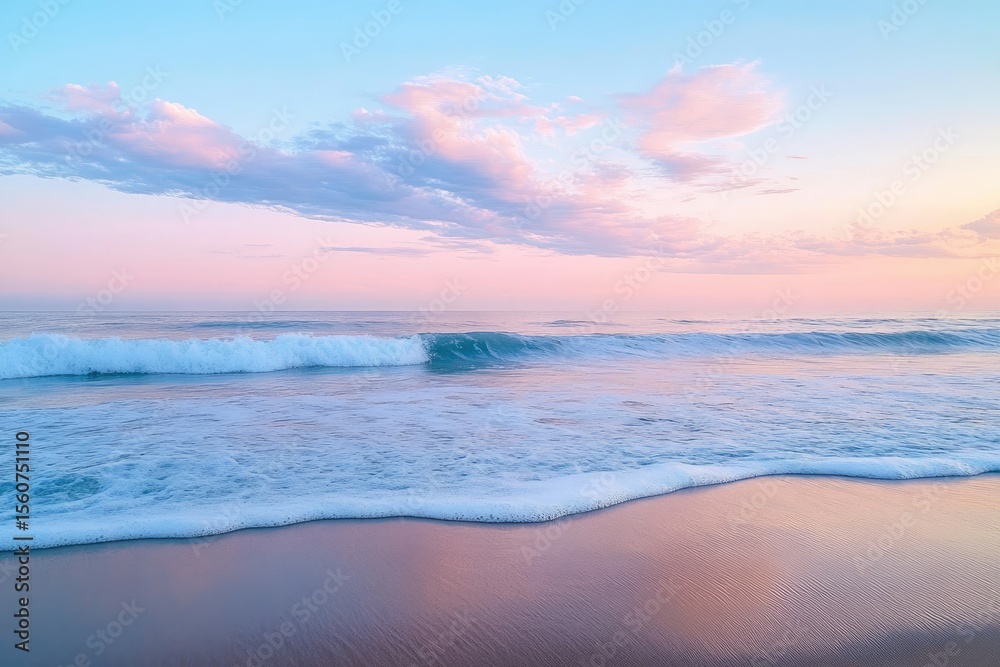 Pastel beach sunset. Soft waves lap at a sandy shore, under a vibrant pink and blue sky Pastel beach sunset. Soft waves lap at a sandy shore, under a vibrant pink and blue sky