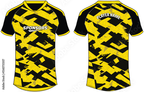 Sports jersey t shirt design flat sketch illustration, Abstract pattern V neck raglan sleeve Football jersey concept with front and back view for Soccer, Cricket, Volleyball, Rugby, badminton uniform