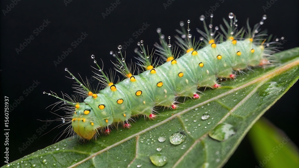 Fototapeta premium Ai generated image of green caterpillar crawls on a leaf with water droplets on its back