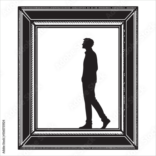 Silhouette of a man in an ornate frame;  vintage, monochrome, contemplative mood.