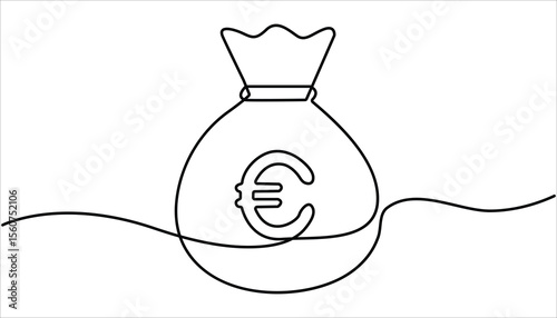 Dollar money bag continuous one line drawing illustration. Business euro sign concept. Continuous one line drawing of euro money bag. 