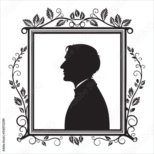 Elegant Black and White Silhouette of a Man in an Ornate Frame. silhouette