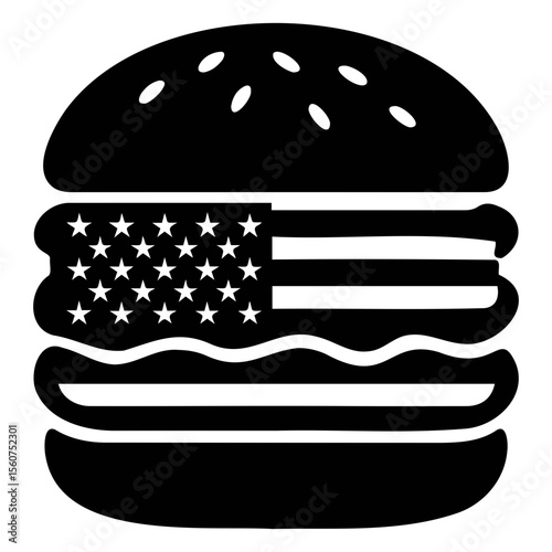 A stylized black and white burger silhouette with american flag filling and sesame seed bun top
