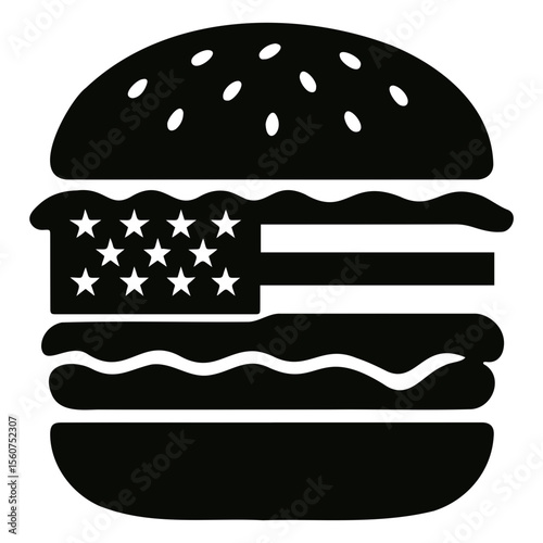 Black and white burger silhouette with american flag design on the patty and sesame seed bun top