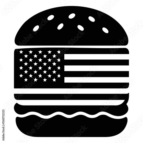 Black and white burger with american flag filling and sesame seeds on top bun illustration
