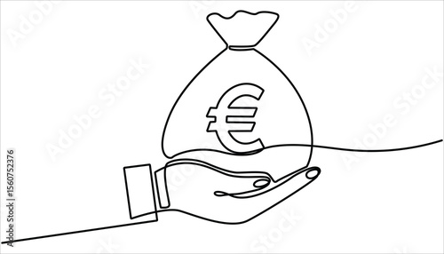 
Hand holding money bag with coins stack continuous one line drawing. Business concept. Continuous one line drawing of hand holding money bag. Money storage and investment single Line art.