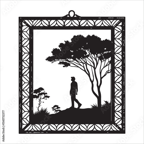 Silhouette Artwork: Man Walking Under Tree in Ornate Frame, Black and White, Serene Mood