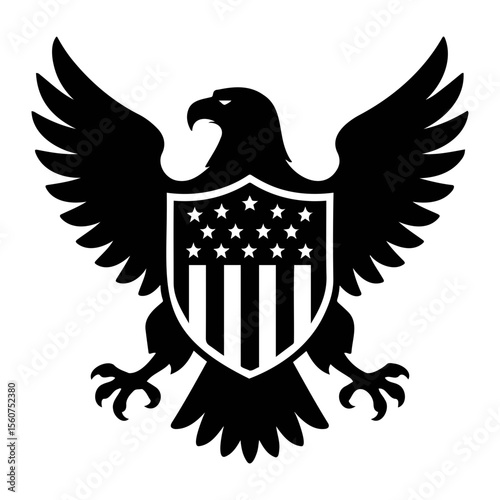 Black and white illustration of an eagle with spread wings holding a shield with stars and stripes