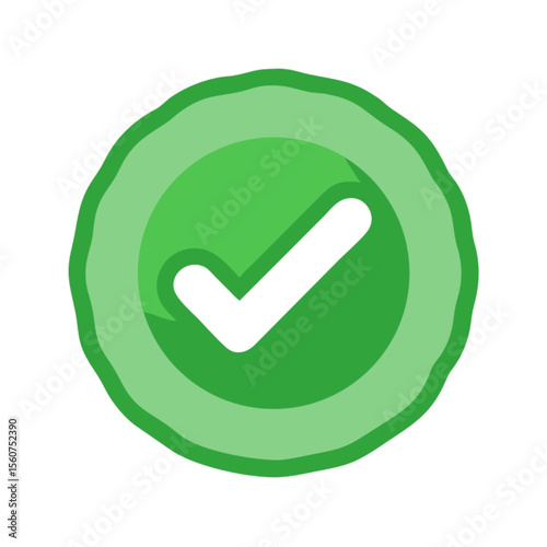 Green checkmark button icon for web design, a glossy 3D vector symbol of acceptance or choice