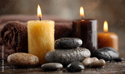 Close up of lit candles with stacked stones and a rolled towel in a spa setting for relaxation