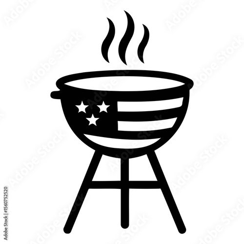 Illustration of a black barbecue grill with american flag design and rising smoke plumes