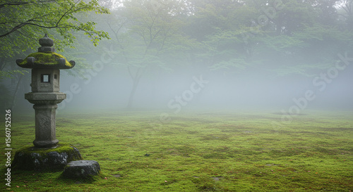霧に包まれた日本庭園の石灯籠 静寂と趣きある和風の美しい風景