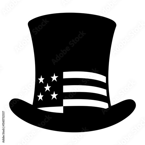 Illustration of a black top hat decorated with an american flag design with white stars and stripes