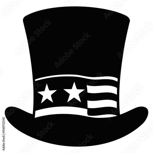 Illustration of a black top hat with stars and stripes design on the band around the hat brim