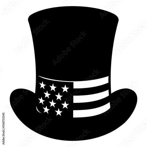 Illustration of a black top hat with an american flag design around the base of the hat brim
