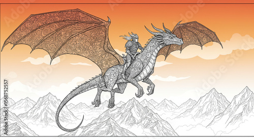 Knight and Dragon Soaring Above Majestic Mountains Fantasy Illustration