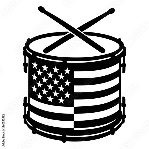 Illustration of a drum with american flag design and crossed drumsticks in black and white style