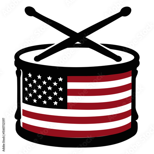 Illustration of a drum with the american flag design and crossed drumsticks on top isolated