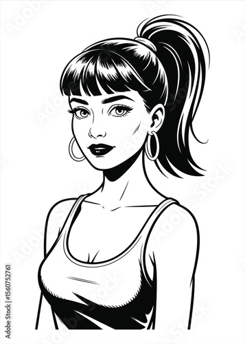 Stylish woman with high ponytail and hoop earrings in black and white