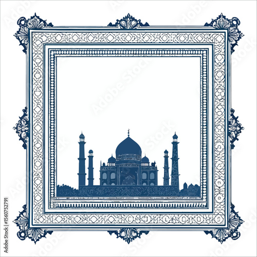 Ornate Blue Frame Enclosing Taj Mahal Silhouette: Elegant, Serene Indian Architectural Design