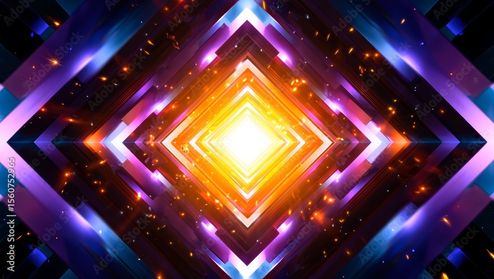 Obraz premium Abstract geometric tunnel with glowing particles and vibrant light effects