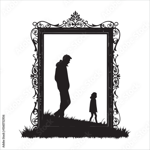 Ornate Frame Silhouette: Father and Daughter in Grass, Melancholy Mood, Black and White Vector Illustration