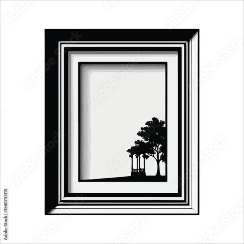 Serene Black and White Gazebo Silhouette in Layered Frame, Peaceful Landscape Design