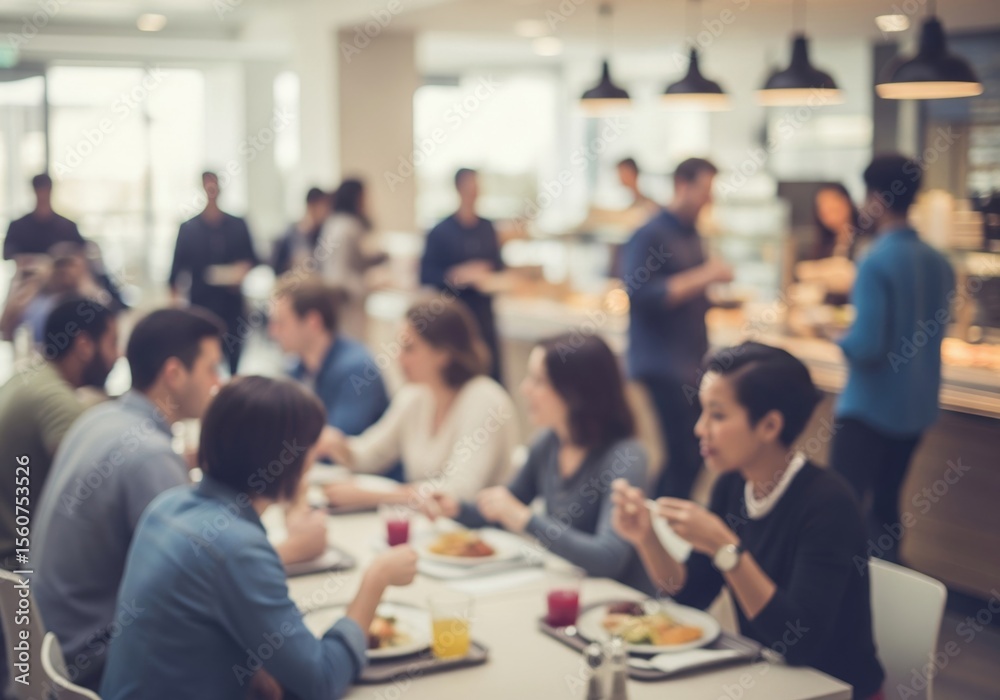 Fototapeta premium Breaktime Dining Conversations. Blurred view of diverse individuals enjoying repasts and discussions in a vibrant company eatery, portraying community.