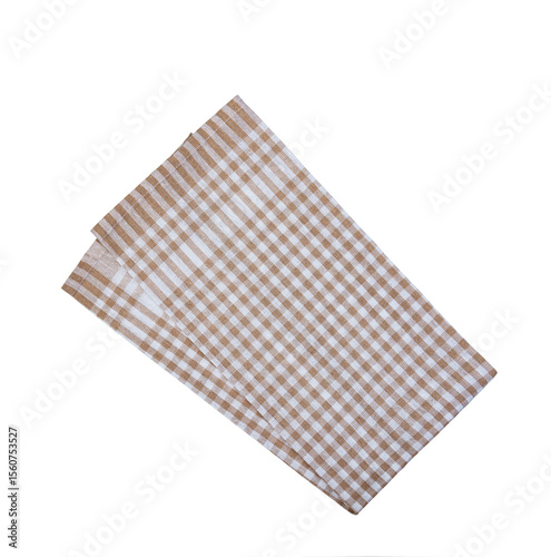 Beige and brown checkered folded kitchen tea towel, isolated on white