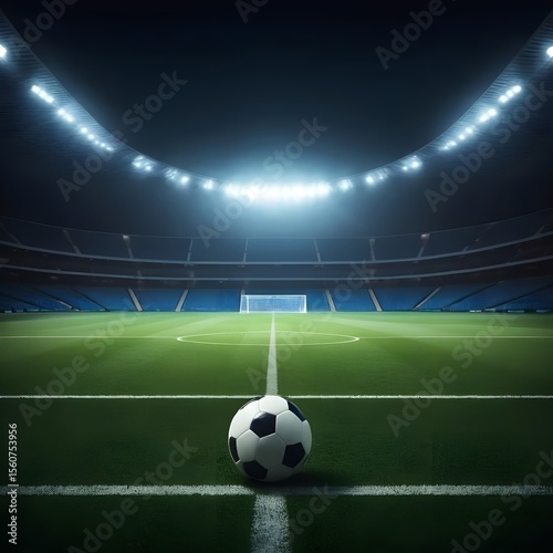 Stadium Lights Illuminate Soccer Ball on a Vibrant Green Field Ready for the Big Game at Night