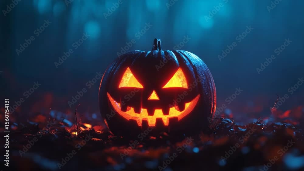 Halloween background. A glowing jack-o'-lantern with a sinister face sits on the forest floor, illuminated in the dark, creating a spooky Halloween atmosphere. Halloween background. A glowing jack-o'-lantern with a sinister face sits on the forest floor, illuminated in the dark, creating a spooky Halloween atmosphere.