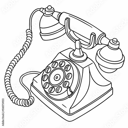 Retro dial telephone in pink color. Vintage wire phone contour drawing. Old electronic device. Cute vector clipart