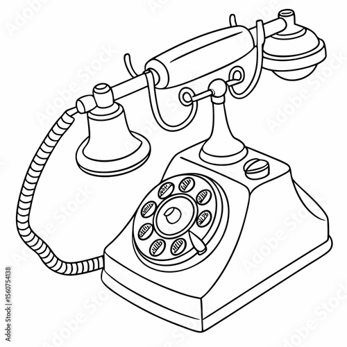 Retro dial telephone in pink color. Vintage wire phone contour drawing. Old electronic device. Cute vector clipart